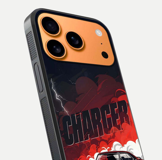 Dark Charger Fury Glass Case for iPhone 17 Pro Max close-up highlighting car reflection and light gloss