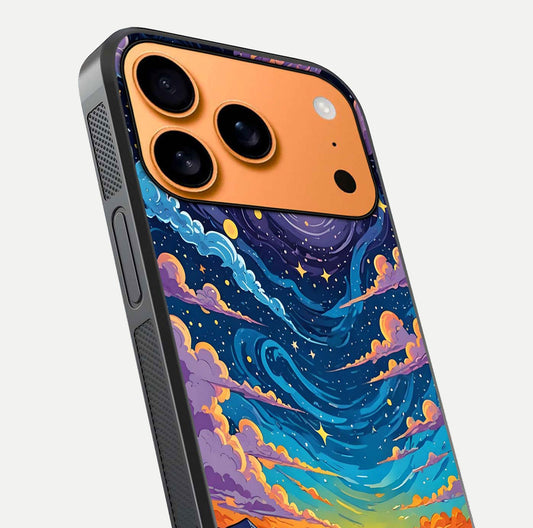 Dreamy Night Landscape Glass Case for iPhone 17 Pro Max close-up highlighting stars and reflection tone