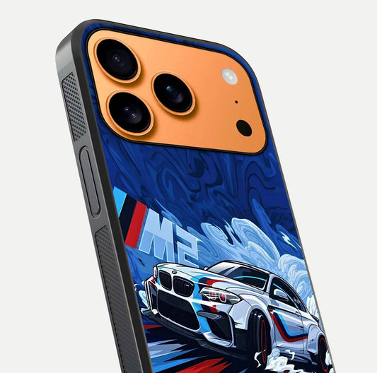 Drift Power Rush Glass Case for iPhone 17 Pro Max close-up highlighting car reflection and metallic tones