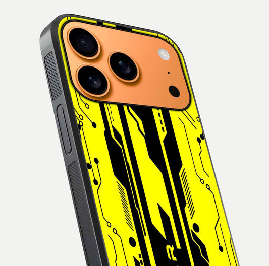 Electric Pulse CYBERPUNK Custom Name Glass Case for iPhone 17 Pro Max close-up highlighting tech pattern, lighting effect, and reflection shine
