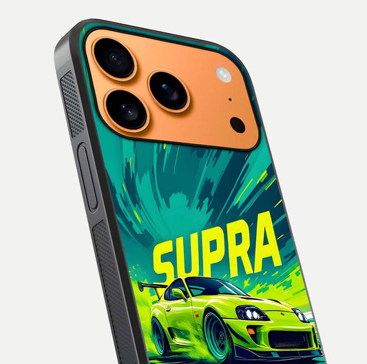 Electric Supra Thunder Glass Case for iPhone 17 Pro Max close-up highlighting car reflection, neon tones, and gloss polish