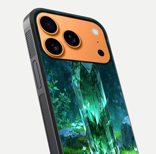 Emerald Light Crystal Glass Case for iPhone 17 Pro Max close-up highlighting crystal texture and reflection glow