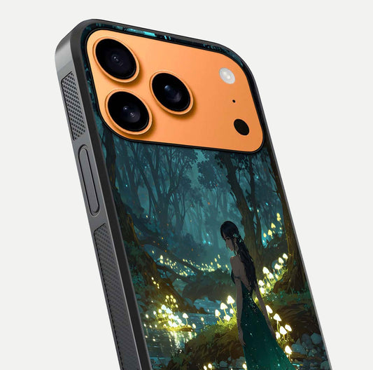 Enchanted Forest Glow Glass Case for iPhone 17 Pro Max close-up highlighting trees, lights, and reflection texture