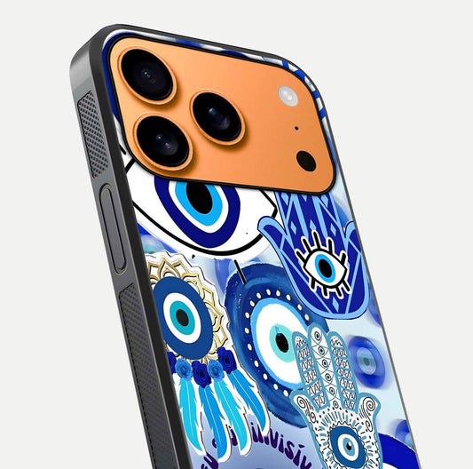 Evil Eyes Dream Glass Case for iPhone 17 Pro Max close-up highlighting evil-eye charm detail and light reflection on glass