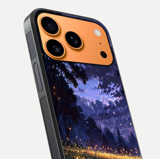 Firefly Meadow Magic Glass Case for iPhone 17 Pro Max close-up highlighting luminous firefly light and reflection detail