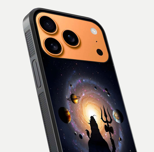 Galactic Shiva Vision Glass Case for iPhone 17 Pro Max close-up angled shot highlighting divine aura, trident details, and reflection shine