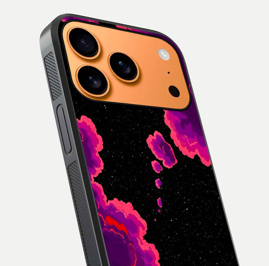 Galaxy Dream Frame Glass Case for iPhone 17 Pro Max close-up angled shot showing nebula patterns and reflection glow