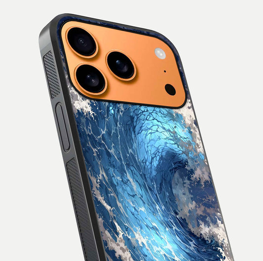 Giant Ocean Wave Glass Case for iPhone 17 Pro Max close-up angled shot showing wave texture and water reflection shine