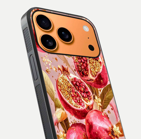 Golden Bloom Glow Glass Case for iPhone 17 Pro Max close-up angled shot showing metallic tones and reflection brilliance