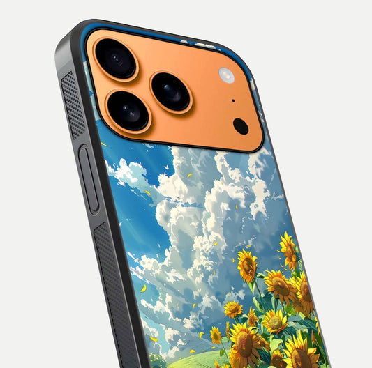 Golden Sun Glory Glass Case for iPhone 17 Pro Max close-up angled shot showing sunlight reflection and gold detailing