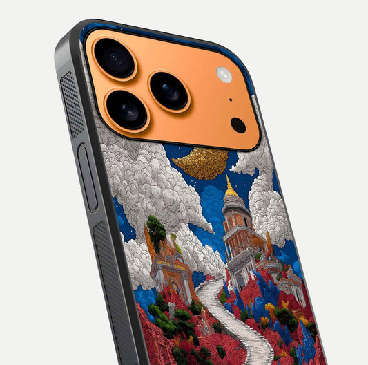Heavenly Moon Path Glass Case for iPhone 17 Pro Max close-up angled shot showing moon reflection and shimmer texture