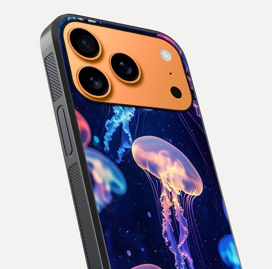 Jellyfish Pattern Glass Case for iPhone 17 Pro Max close-up angled shot showing translucent tentacles and light reflection