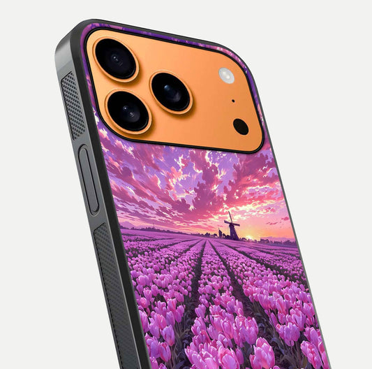 Lavender Dream Skies Glass Case for iPhone 17 Pro Max close-up angled shot showing purple hues and soft reflection