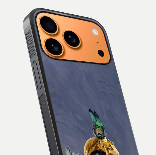Lord Krishna Glass Case for iPhone 17 Pro Max angled close-up showing intricate flute and reflection details