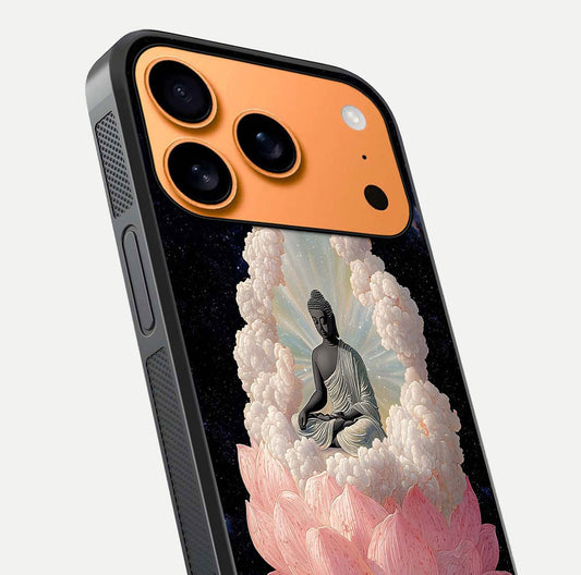 Lotus Divine Peace Glass Case for iPhone 17 Pro Max angled close-up showing delicate petals and gloss reflection
