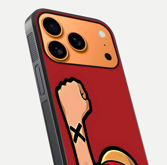 Luffy X Spirit Glass Case for iPhone 17 Pro Max close-up angled shot showing character detailing and gloss texture
