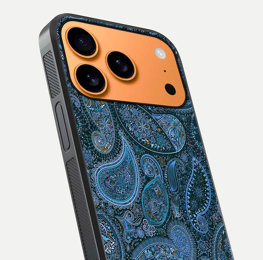 Midnight Paisley Glow Glass Case for iPhone 17 Pro Max close-up angled shot showing floral details and gloss texture