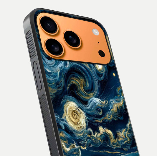 Midnight Sky Whirl Glass Case for iPhone 17 Pro Max close-up angle showing spiral design and HD gloss reflection