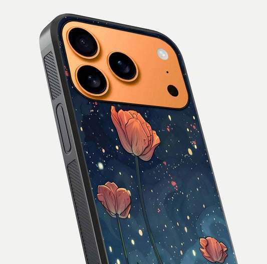 Midnight Tulip Glow Glass Case for iPhone 17 Pro Max close-up angled shot showing petal details and reflection glow