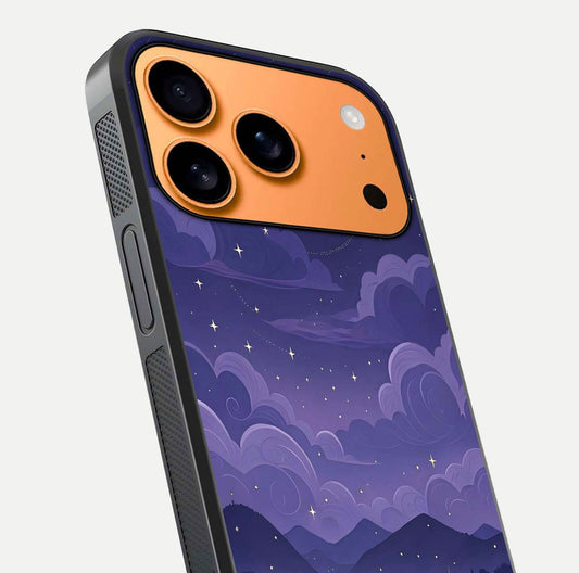 Minimal Night View Glass Case for iPhone 17 Pro Max close-up angled shot showing lights reflection and dark tone details
