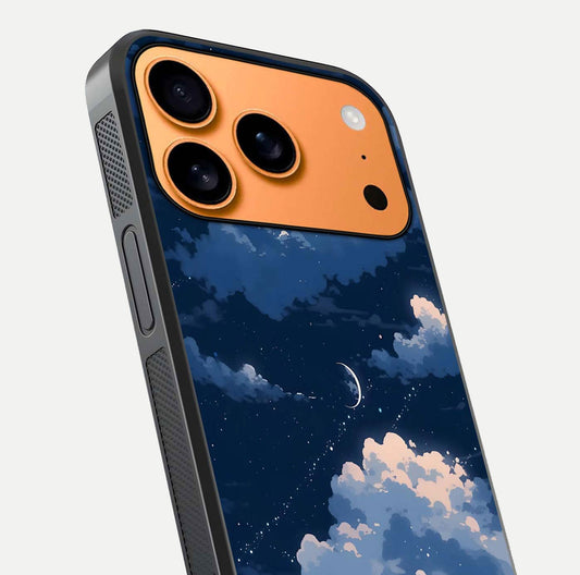 Moon Dream Haze Glass Case for iPhone 17 Pro Max close-up angled shot showing moon reflection and subtle glow