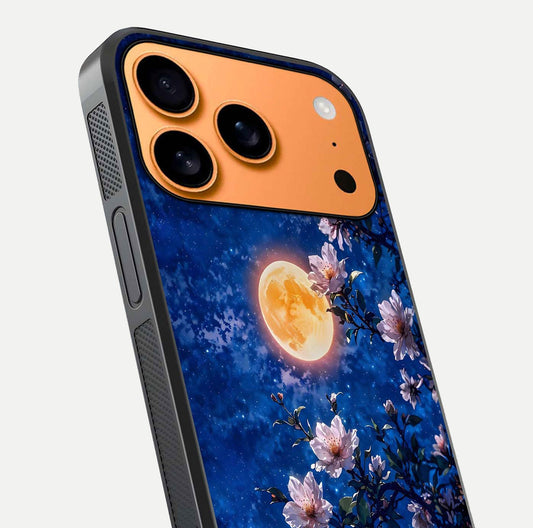 Moonlit Blossoms Night Glass Case for iPhone 17 Pro Max close-up angled shot showing petal glow and reflection detail