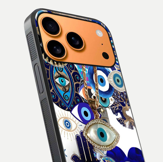 Mystic Charm Eye Glass Case for iPhone 17 Pro Max close-up angled shot showing detailed eye art and reflection