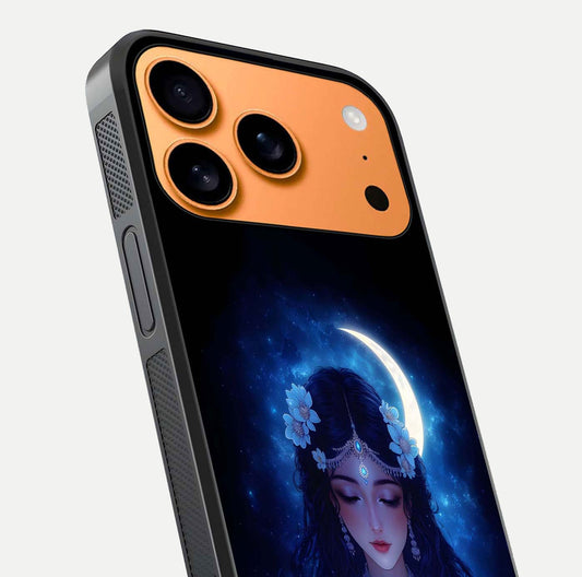 Mystic Moon Queen Glass Case for iPhone 17 Pro Max close-up angled shot showing shine and lunar tones