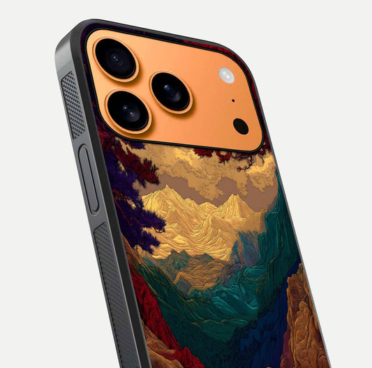Mystic Valley Light Glass Case for iPhone 17 Pro Max close-up angled shot highlighting gradient sky and reflection