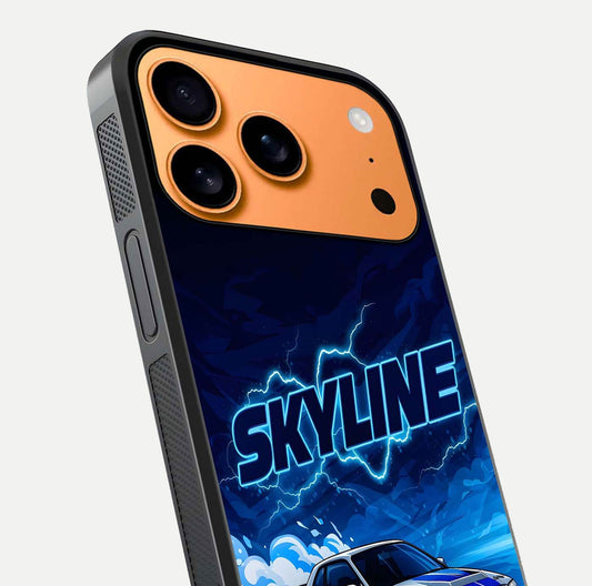 Neon Drift Beast Glass Case for iPhone 17 Pro Max close-up angled shot highlighting glowing streaks and vivid reflection