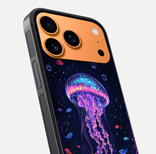 Neon Jellyfish Glass Case for iPhone 17 Pro Max close-up angled shot showing translucent jellyfish and shine reflection
