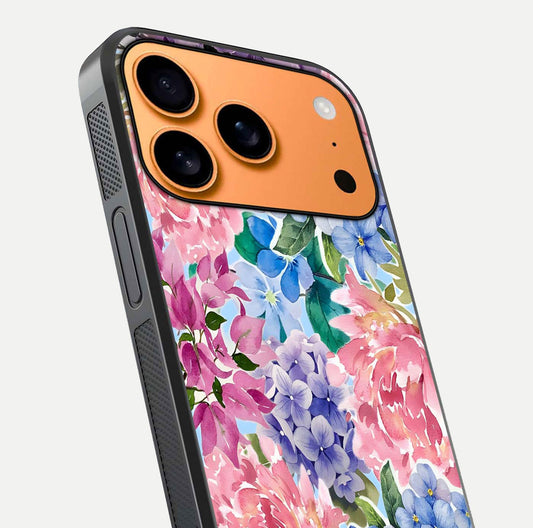 Pastel Floral Mix Glass Case for iPhone 17 Pro Max close-up angled shot highlighting flower detail and reflection