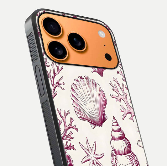 Pink Shells Outline Glass Case for iPhone 17 Pro Max close-up angled shot showing fine shell lines and reflection
