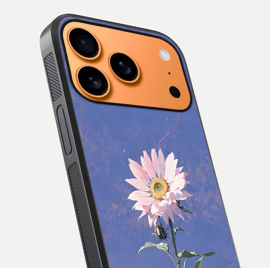 Pink Sunflower Glow Glass Case for iPhone 17 Pro Max close-up angled shot highlighting petal texture and reflection