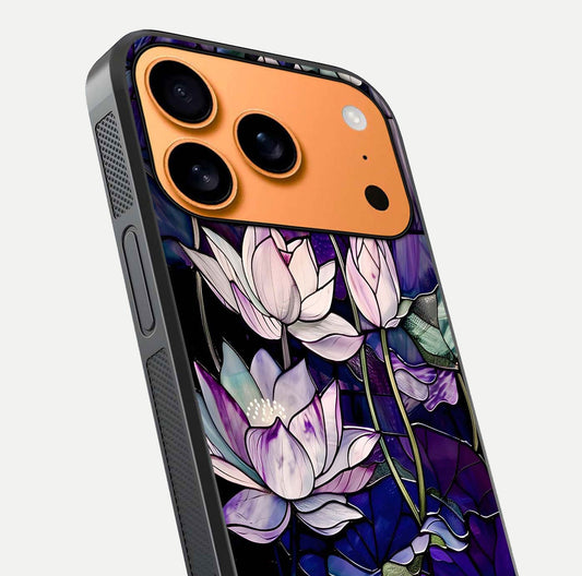 Purple Lotus Pattern Glass Case for iPhone 17 Pro Max close-up angled shot showing petal texture and HD reflection