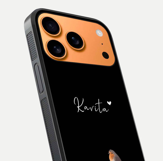 Quiet Garden Tune Custom Name Glass Case for iPhone 17 Pro Max close-up angled shot showing soft tones and gloss reflection