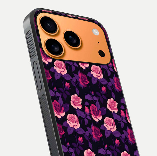 Rose Garden Twilight Glass Case for iPhone 17 Pro Max close-up angled shot highlighting rose contrast and reflection