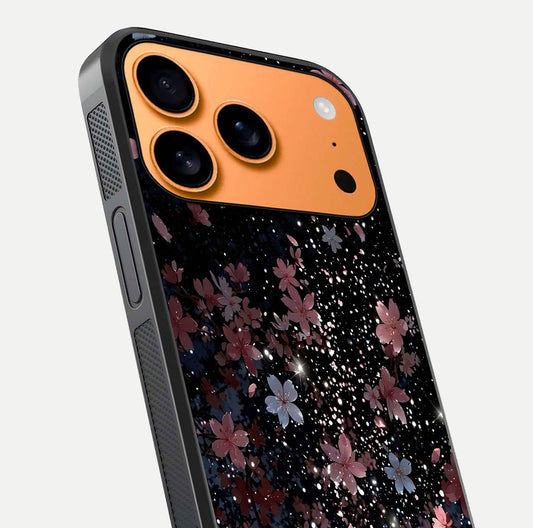 Starlit Flower Dreams Glass Case for iPhone 17 Pro Max close-up angled shot highlighting petal reflection and HD depth