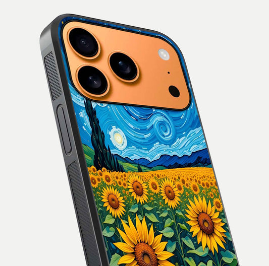 Starry Sunflower Dreams Glass Case for iPhone 17 Pro Max close-up angled shot highlighting petal texture and gloss