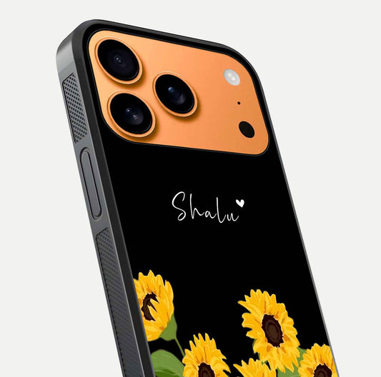 Sunflower Chic Mood Custom Name Glass Case for iPhone 17 Pro Max close-up angled shot showing HD sunflower pattern