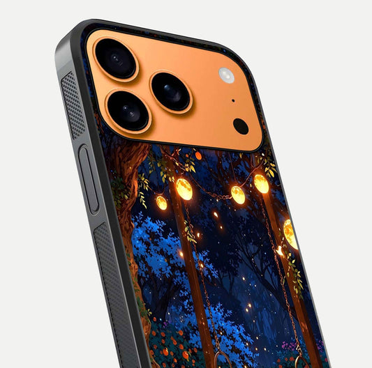 Twilight Garden Swing Glass Case for iPhone 17 Pro Max close-up angled shot highlighting floral tones and reflection