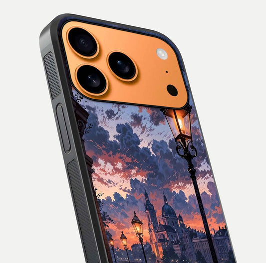 Twilight River Lights Glass Case for iPhone 17 Pro Max close-up angled shot highlighting river reflections and color tones