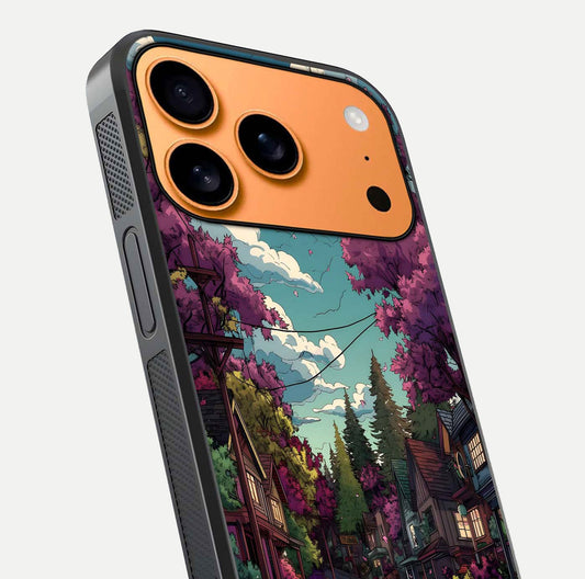 Vintage Street Drive Glass Case for iPhone 17 Pro Max close-up angled shot highlighting vintage tones and reflection
