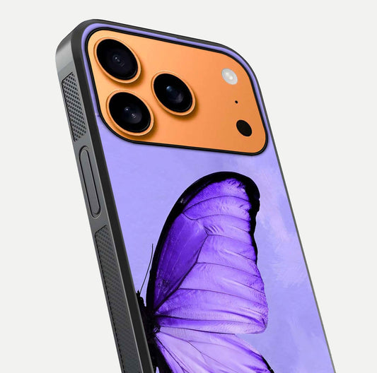 Violet Dream Wing Glass Case for iPhone 17 Pro Max close-up angled shot highlighting wing texture and reflection
