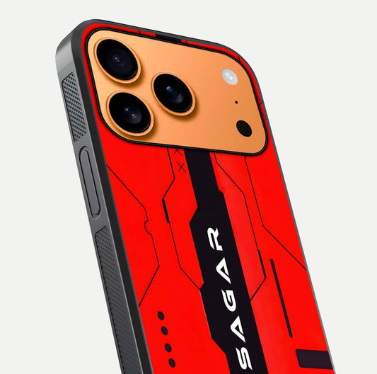 Voltage Rise CYBERPUNK Custom Name Glass Case for iPhone 17 Pro Max close-up angled shot highlighting neon glow and reflection