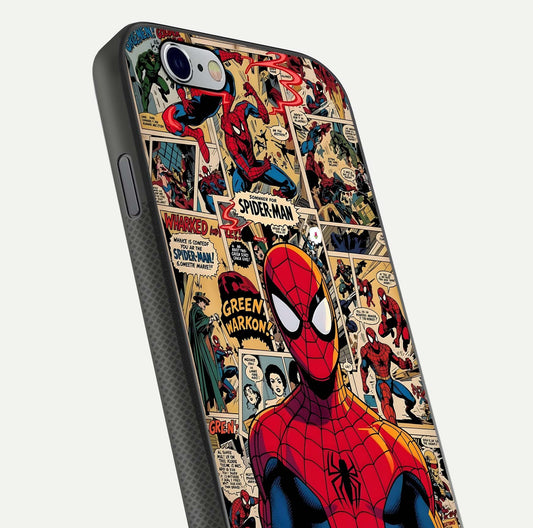 Aesthetic Spider Man Glass Case for iPhone 16 Pro close-up angled shot showing detailed Spider-Man artwork and gloss reflection