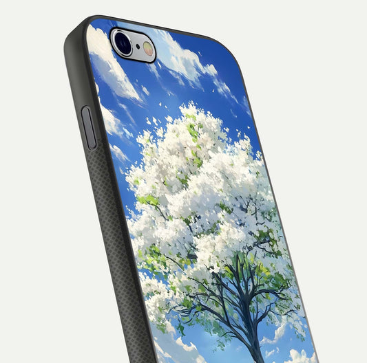 Blossom Sky Serenity Glass Case for iPhone 16 Pro close-up highlighting calming flower details and reflection gloss