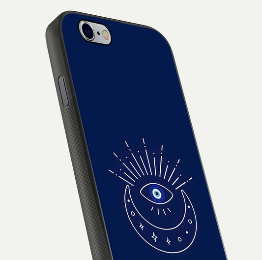 Blue Evil Eye Glass Case for iPhone 16 Pro close-up shot highlighting eye motif, protection symbol, and glass shine