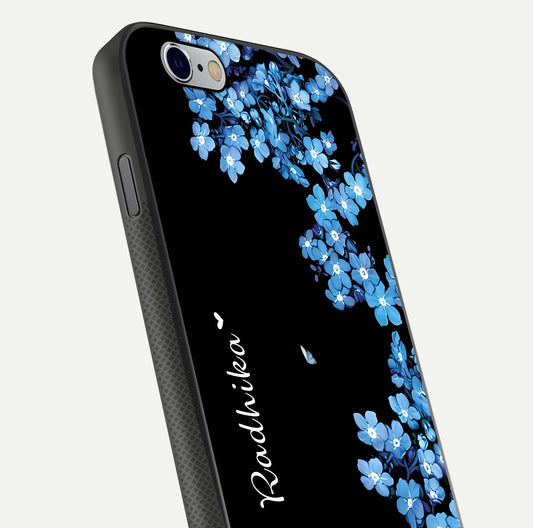 Blue Petal Dream Custom Name Glass Case for iPhone 16 Pro close-up highlighting petal texture and gloss reflection