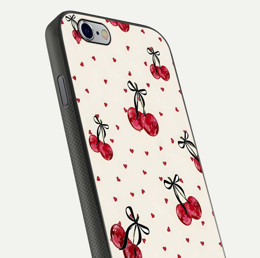 Cherry Heart Bow Glass Case for iPhone 16 Pro close-up highlighting small bows, cherry red tones, and gloss shine
